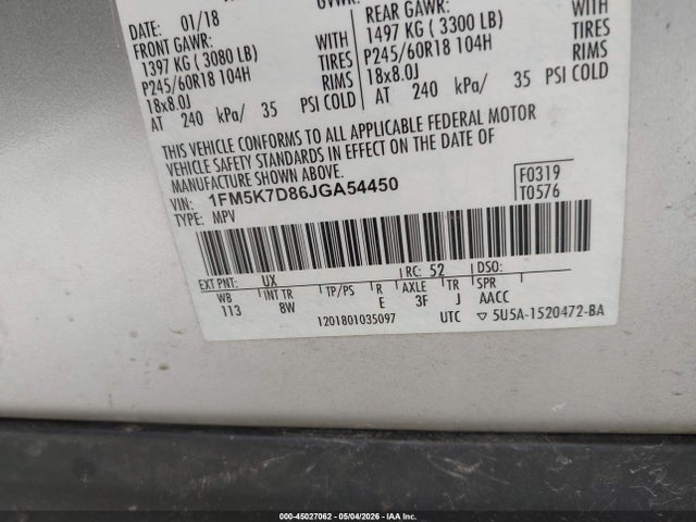 2018 Ford Explorer Xlt მანქანა იყიდება აუქციონზე, vin: 1FM5K7D86JGA54450, აუქციონის ნომერი: 45027062