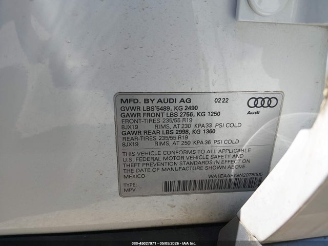 45027071 :رقم المزاد ، WA1EAAFY9N2076005 vin ، 2022 Audi Q5 Premium Plus 45 Tfsi S Line Quattro S Tronic مزاد بيع