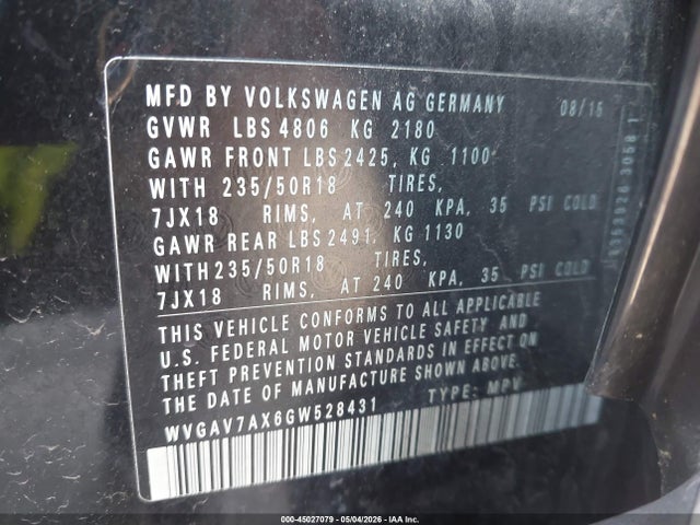 Продажа на аукционе авто 2016 Volkswagen Tiguan Se, vin: WVGAV7AX6GW528431, номер лота: 45027079