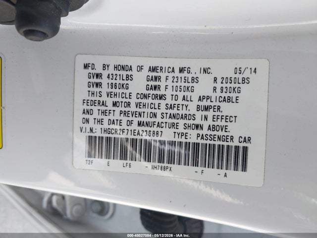 Продаж на аукціоні авто 2014 Honda Accord Ex, vin: 1HGCR2F71EA236887, номер лоту: 45027084