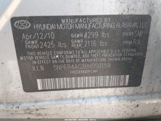 45027086 :رقم المزاد ، 5NPEB4AC2BH050159 vin ، 2011 Hyundai Sonata Gls مزاد بيع