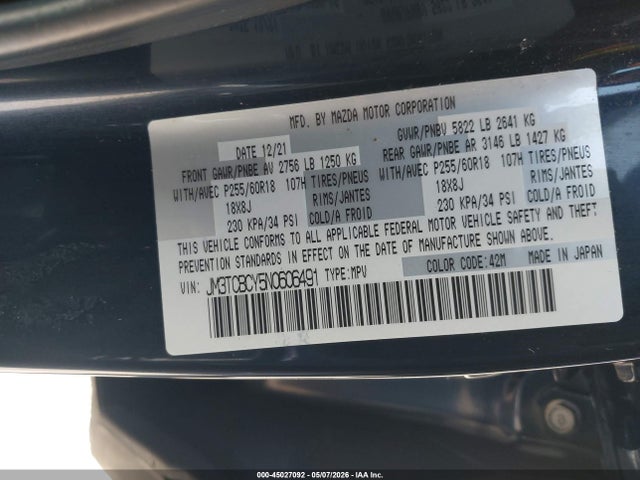 2022 Mazda Cx-9 Touring მანქანა იყიდება აუქციონზე, vin: JM3TCBCY5N0606491, აუქციონის ნომერი: 45027092