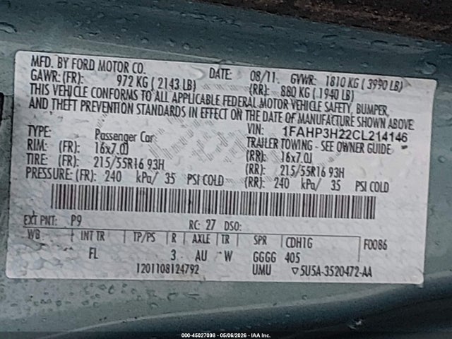 Продаж на аукціоні авто 2012 Ford Focus Sel, vin: 1FAHP3H22CL214146, номер лоту: 45027098
