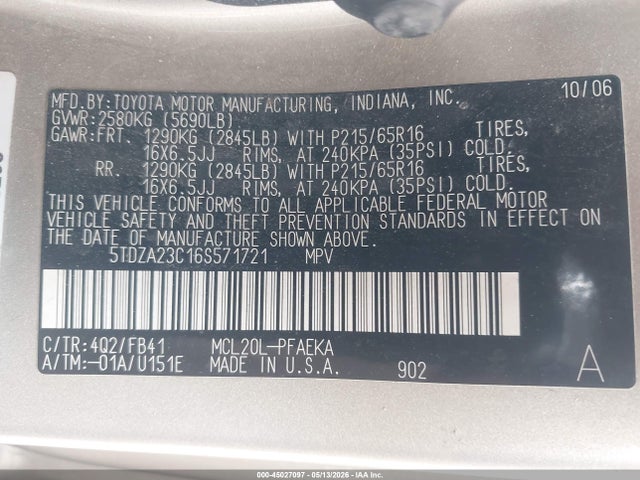 2006 Toyota Sienna Ce მანქანა იყიდება აუქციონზე, vin: 5TDZA23C16S571721, აუქციონის ნომერი: 45027097