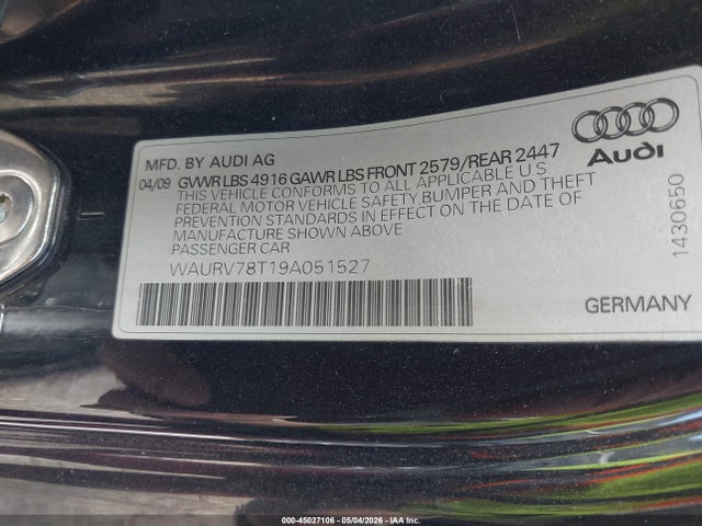 45027106 :رقم المزاد ، WAURV78T19A051527 vin ، 2009 Audi S5 4.2l مزاد بيع