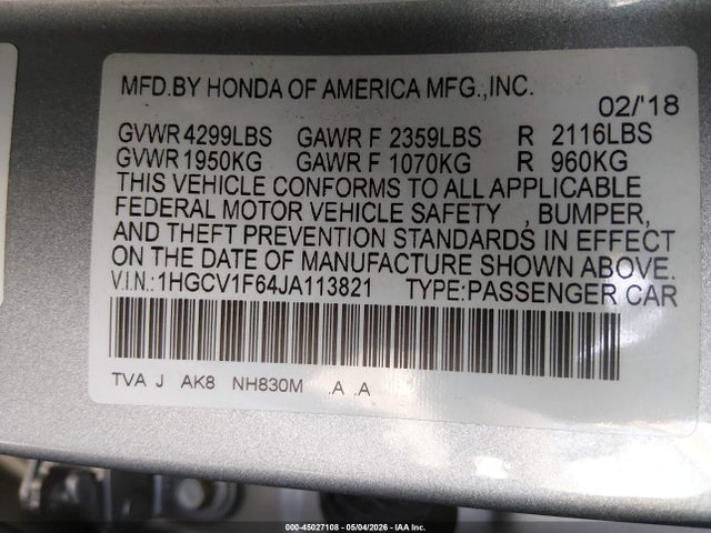Продаж на аукціоні авто 2018 Honda Accord Ex-l, vin: 1HGCV1F64JA113821, номер лоту: 45027108