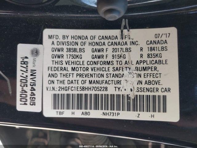 45027114 :رقم المزاد ، 2HGFC1E58HH705228 vin ، 2017 Honda Civic Si مزاد بيع