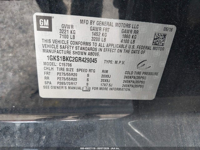 45027119 :رقم المزاد ، 1GKS1BKC2GR429045 vin ، 2016 Gmc Yukon Slt مزاد بيع