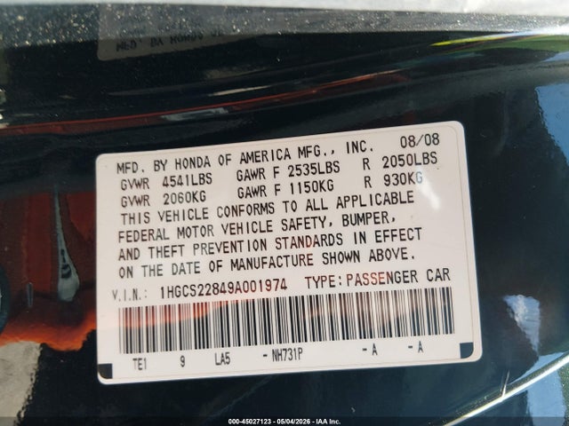2009 Honda Accord 3.5 Ex-l მანქანა იყიდება აუქციონზე, vin: 1HGCS22849A001974, აუქციონის ნომერი: 45027123