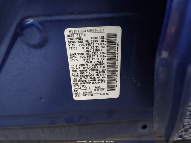 2019 Nissan Rogue Sv მანქანა იყიდება აუქციონზე, vin: JN8AT2MT6KW254425, აუქციონის ნომერი: 45027138