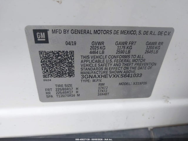 Aukcja sprzedaży 2019 Chevrolet Equinox Ls, vin: 3GNAXHEVXKS641033, numer aukcji: 45027139