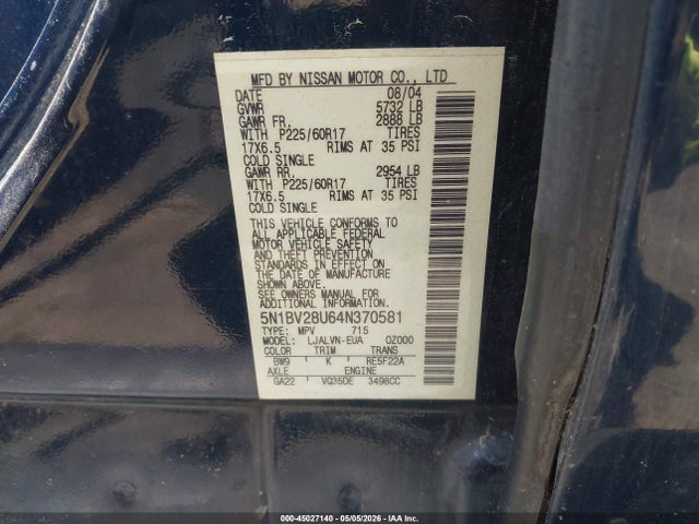 Продаж на аукціоні авто 2004 Nissan Quest 3.5 Se, vin: 5N1BV28U64N370581, номер лоту: 45027140