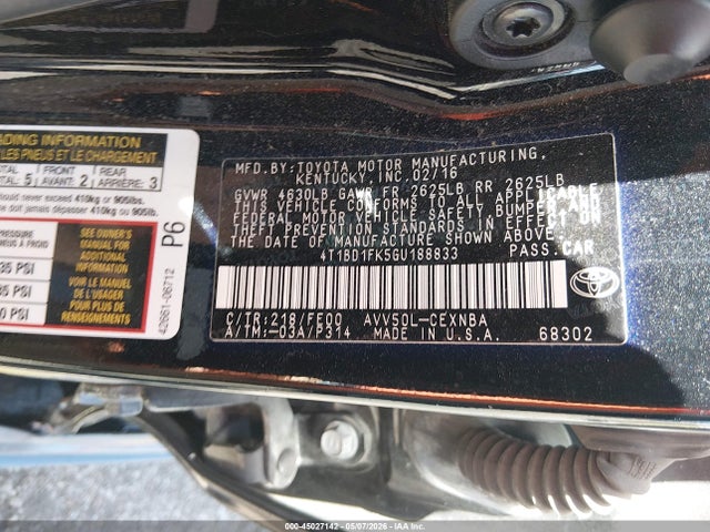 4T1BD1FK5GU188833 Toyota Camry Hybrid Le
