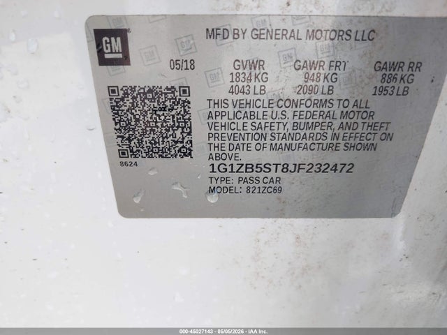 Aukcja sprzedaży 2018 Chevrolet Malibu 1ls, vin: 1G1ZB5ST8JF232472, numer aukcji: 45027143