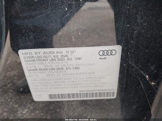 45027146 :رقم المزاد ، WA1WGAFP3DA047615 vin ، 2013 Audi Q5 3.0t Premium Plus مزاد بيع