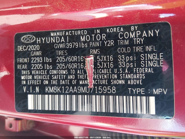 Продажа на аукционе авто 2021 Hyundai Kona Se, vin: KM8K12AA9MU715958, номер лота: 45027155