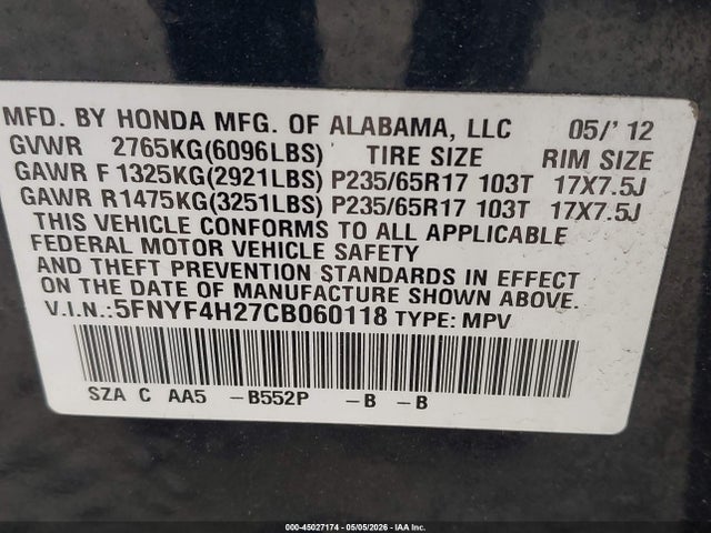 Продаж на аукціоні авто 2012 Honda Pilot Lx, vin: 5FNYF4H27CB060118, номер лоту: 45027174