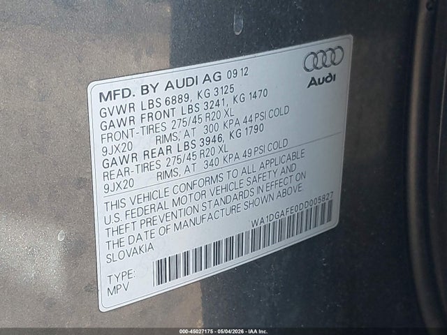 45027175 :رقم المزاد ، WA1DGAFE0DD005827 vin ، 2013 Audi Q7 3.0t S Line Prestige مزاد بيع
