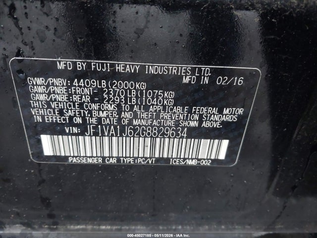 45027185 :رقم المزاد ، JF1VA1J62G8829634 vin ، 2016 Subaru Wrx Limited مزاد بيع