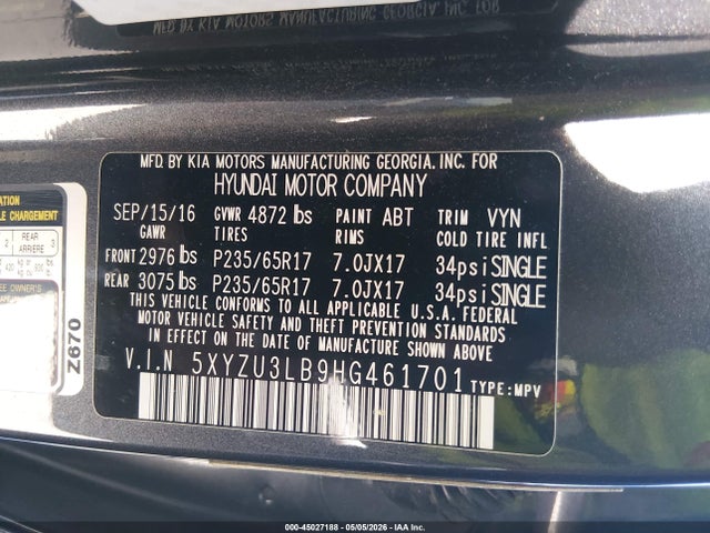 2017 Hyundai Santa Fe Sport 2.4l მანქანა იყიდება აუქციონზე, vin: 5XYZU3LB9HG461701, აუქციონის ნომერი: 45027188