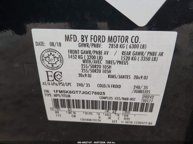 2018 Ford Explorer Sport მანქანა იყიდება აუქციონზე, vin: 1FM5K8GT7JGC78025, აუქციონის ნომერი: 45027187