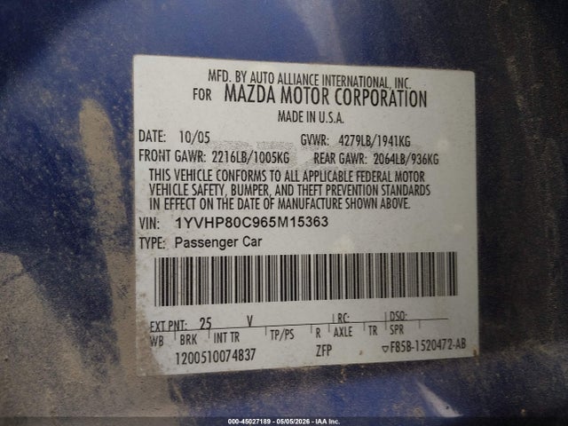 Aukcja sprzedaży 2006 Mazda Mazda6 I, vin: 1YVHP80C965M15363, numer aukcji: 45027189