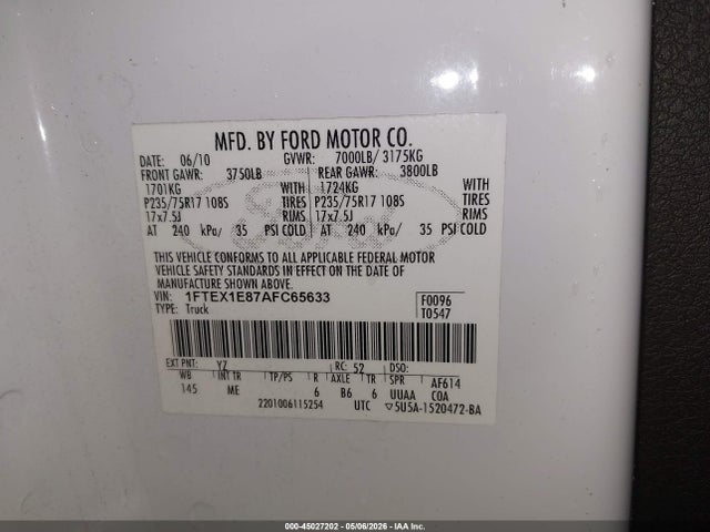 Aukcja sprzedaży 2010 Ford F-150 Stx/xl/xlt, vin: 1FTEX1E87AFC65633, numer aukcji: 45027202