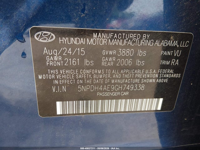 Aukcja sprzedaży 2016 Hyundai Elantra Se, vin: 5NPDH4AE9GH749338, numer aukcji: 45027211