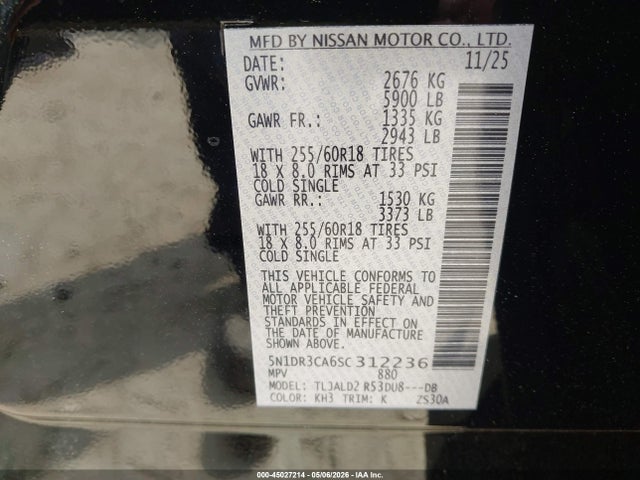 45027214 :رقم المزاد ، 5N1DR3CA6SC312236 vin ، 2025 Nissan Pathfinder Sl Fwd مزاد بيع
