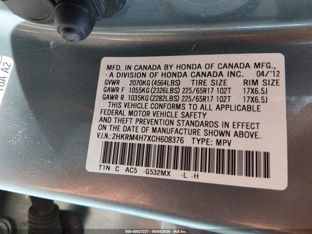 45027227 :رقم المزاد ، 2HKRM4H7XCH608376 vin ، 2012 Honda Cr-v Ex-l مزاد بيع