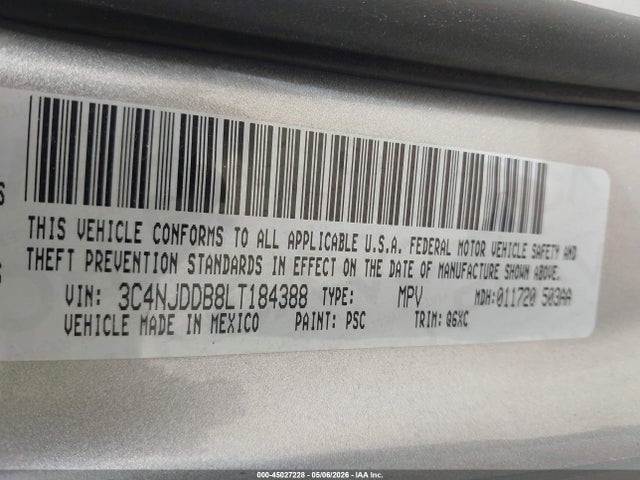 Aukcja sprzedaży 2020 Jeep Compass Trailhawk 4x4, vin: 3C4NJDDB8LT184388, numer aukcji: 45027228