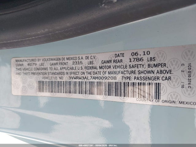 Продаж на аукціоні авто 2010 Volkswagen New Beetle 2.5l Final Edition, vin: 3VWRW3AL7AM009208, номер лоту: 45027261