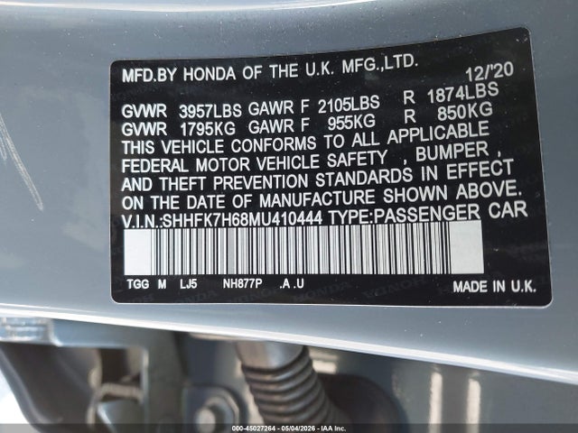 Honda CIVIC EX 2021 SHHFK7H68MU410444 Image 9
