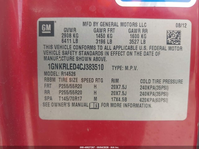 45027267 :رقم المزاد ، 1GNKRLED4CJ383510 vin ، 2012 Chevrolet Traverse Ltz مزاد بيع