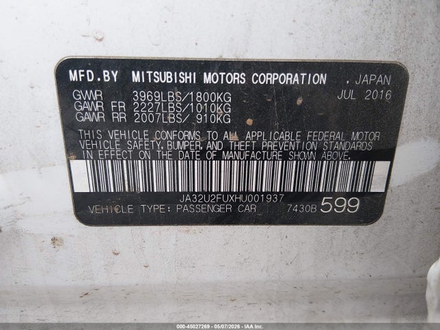 Продаж на аукціоні авто 2017 Mitsubishi Lancer Es, vin: JA32U2FUXHU001937, номер лоту: 45027269