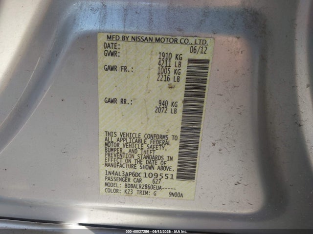 Продаж на аукціоні авто 2013 Nissan Altima 2.5 S, vin: 1N4AL3AP6DC109551, номер лоту: 45027286