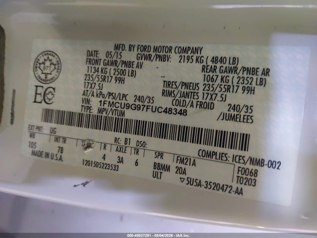 Продажа на аукционе авто 2015 Ford Escape Se, vin: 1FMCU9G97FUC48348, номер лота: 45027291