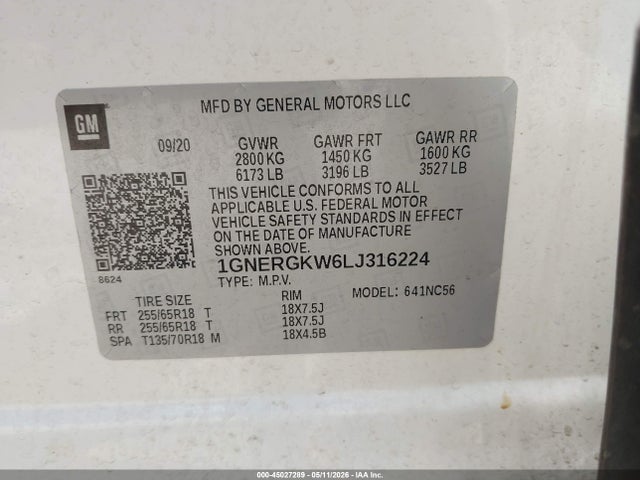 Продажа на аукционе авто 2020 Chevrolet Traverse Fwd Lt Cloth, vin: 1GNERGKW6LJ316224, номер лота: 45027289