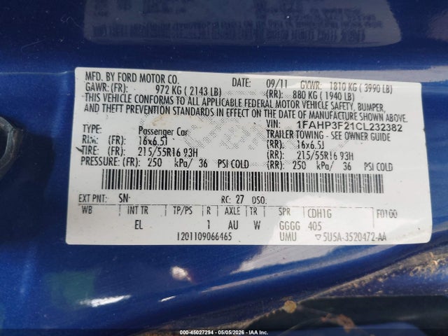 Продажа на аукционе авто 2012 Ford Focus Se, vin: 1FAHP3F21CL232382, номер лота: 45027294