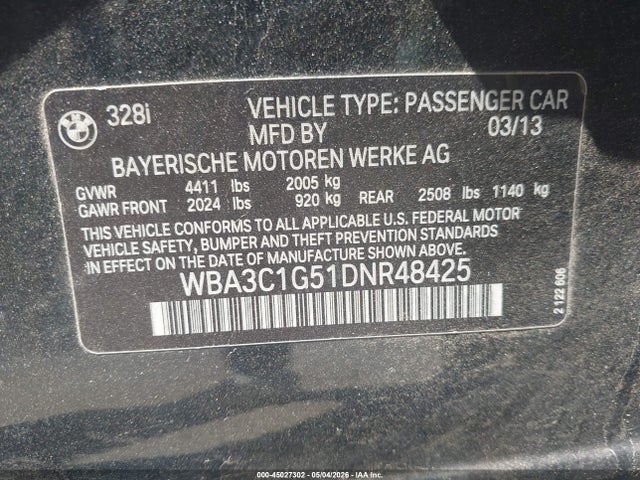 2013 Bmw 328i მანქანა იყიდება აუქციონზე, vin: WBA3C1G51DNR48425, აუქციონის ნომერი: 45027302