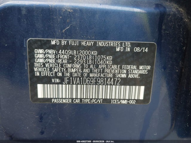 Продажа на аукционе авто 2015 Subaru Wrx Premium, vin: JF1VA1D69F9814472, номер лота: 45027308