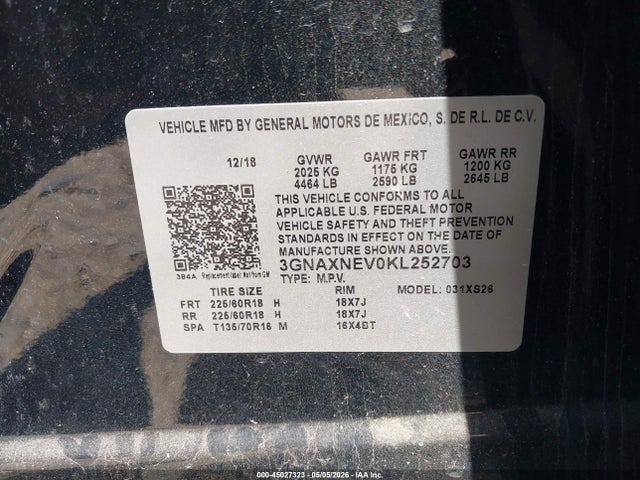 2019 Chevrolet Equinox Premier მანქანა იყიდება აუქციონზე, vin: 3GNAXNEV0KL252703, აუქციონის ნომერი: 45027323