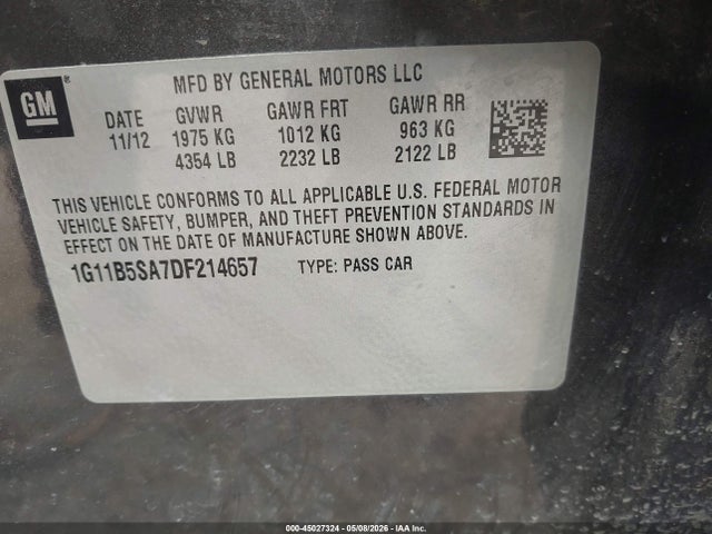 45027324 :رقم المزاد ، 1G11B5SA7DF214657 vin ، 2013 Chevrolet Malibu 1ls مزاد بيع
