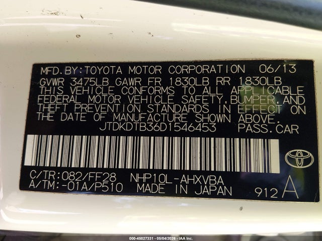 45027331 :رقم المزاد ، JTDKDTB36D1546453 vin ، 2013 Toyota Prius C Two مزاد بيع