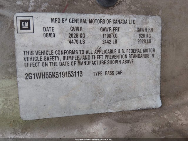 Aukcja sprzedaży 2001 Chevrolet Impala Ls, vin: 2G1WH55K519153113, numer aukcji: 45027350