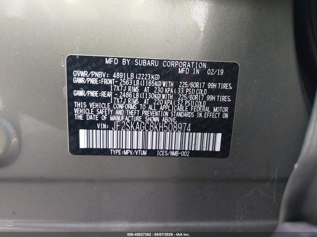 Aukcja sprzedaży 2019 Subaru Forester Premium, vin: JF2SKAGC8KH508974, numer aukcji: 45027362
