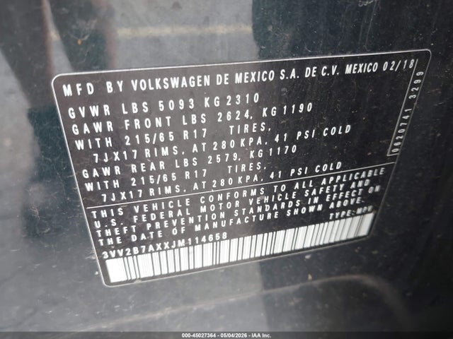 Aukcja sprzedaży 2018 Volkswagen Tiguan 2.0t Se/2.0t Sel, vin: 3VV2B7AXXJM114658, numer aukcji: 45027364