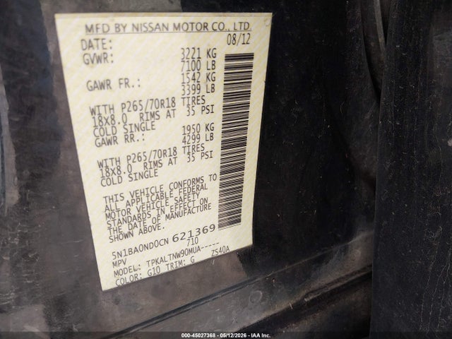 Продажа на аукционе авто 2012 Nissan Armada Sv, vin: 5N1BA0ND0CN621369, номер лота: 45027368