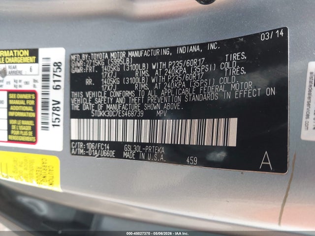 Aukcja sprzedaży 2014 Toyota Sienna Le V6 8 Passenger, vin: 5TDKK3DC7ES468739, numer aukcji: 45027370