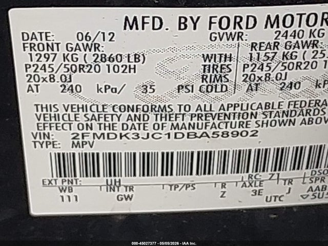 Aukcja sprzedaży 2013 Ford Edge Sel, vin: 2FMDK3JC1DBA58902, numer aukcji: 45027377